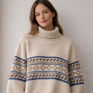 Vintage Hand Knit Wool Sweater Nordic Fair Isle Cream Brown Blue Ski Lopi Style